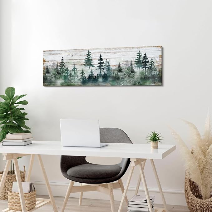 Farmhouse Pine Tree Wall Art Forest Wall Decor Rustic Wood Mountain Picture Canvas Prints for Living Room Kitchen Cabin Home Decor Vintage Woodland Poster Painting Narrow Artwork Decorations 14x48”