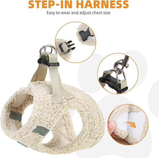 KOOLTAIL Plush Small Dog Harness and Leash Set, Warm Fleece No Pull Puppy Vest for Winter, Lightweight Reflective Step in Pet Harness for Medium Sized Dogs Boy Girl Outdoor Walking Cute Soft, Beige S