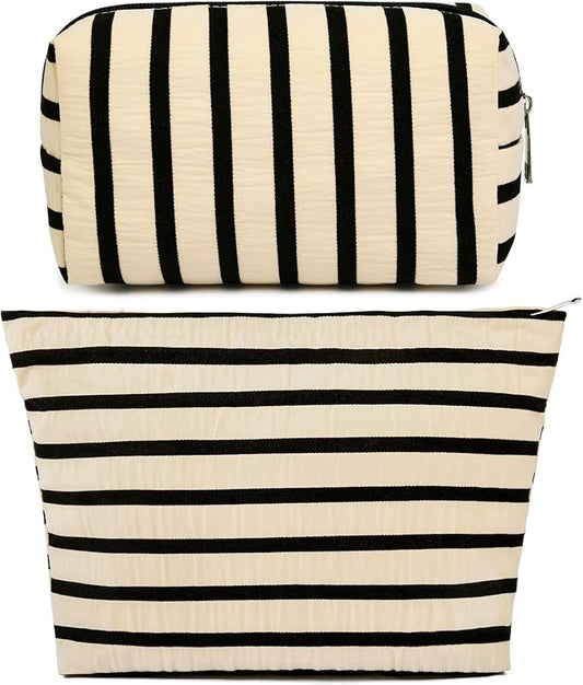 SOIDRAM 2 Pieces Makeup Bag Large Stripe Cosmetic Bag Capacity Canvas Mix Travel Toiletry Bag Organizer Cute Makeup Brushes Aesthetic Accessories Storage Bag for Women, Stripe Mix White