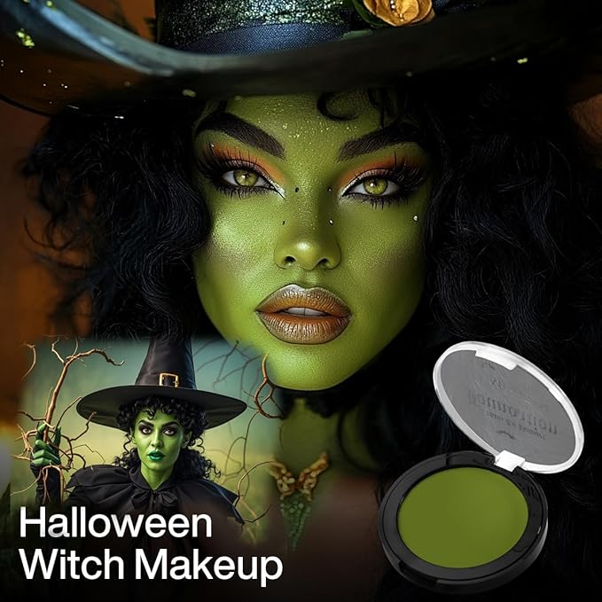 Ogre Green Face Body Paint, Witch Green Full-Coverage Cream to Powder Foundation Makeup, Non-Toxic Face Painting for Hulk Hunting, Frankenstein, Wicked, Halloween SFX Makeup, Cosplay, Theater, Stage