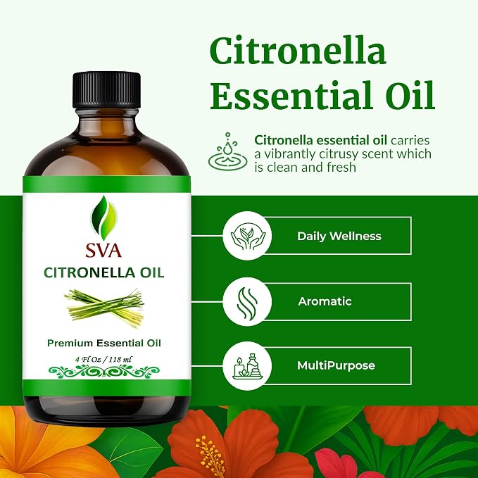 SVA Citronella Essential Oil 4 Fl Oz – for Diffuser, Skin & Hair Care – Ideal for Massage & DIY Blends – with Dropper