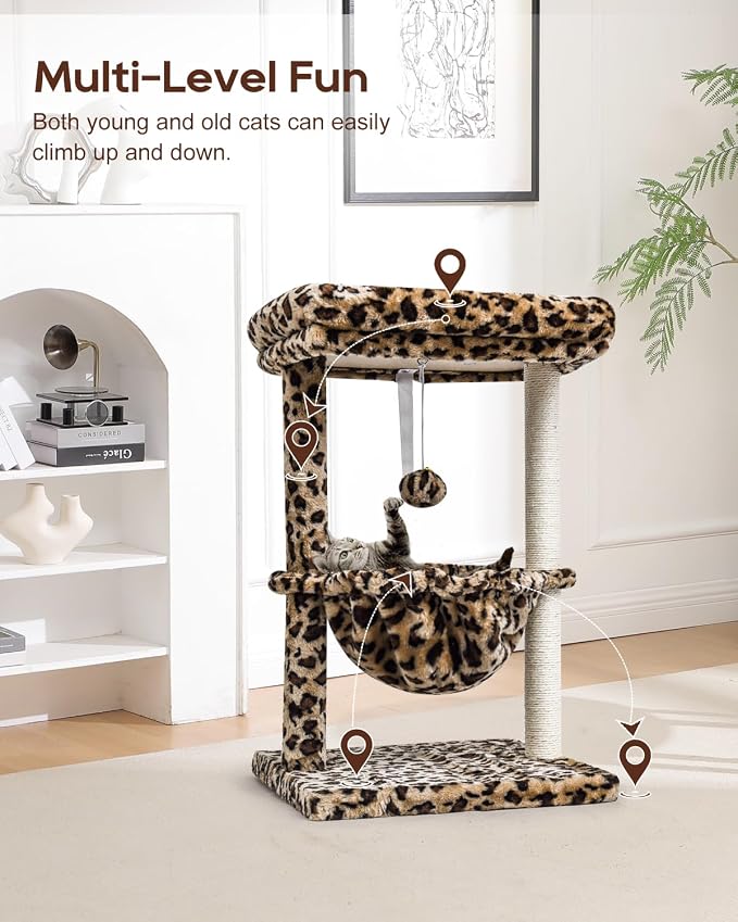 SYANDLVY Small Cat Tree for Indoor Cats, Cheetah Leopard Print Cat Tower | for Kitties, Unique Condo Furniture with Hammock & Sisal Scratching Posts