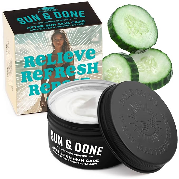 Sun & Done Whipped Beef Tallow for Skin - After Sun Care with 7 Simple Ingredients Including Shea Butter & Cucumber | Sun Burn Healing Cream, After Tanning Lotion, After Sun Lotion, Gel, Moisturizer