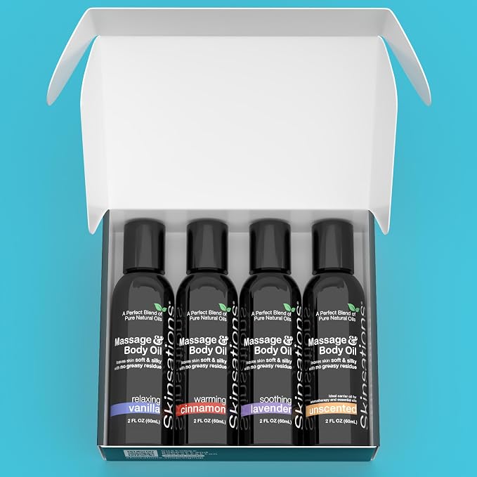Massage Oil Gift Set – Variety Set for Couples, Travel Size (4 × 2oz) – Lightweight, Non-Greasy, Hydrating Body Oils for Relaxation & Gifting – Vanilla, Cinnamon, Lavender & Unscented