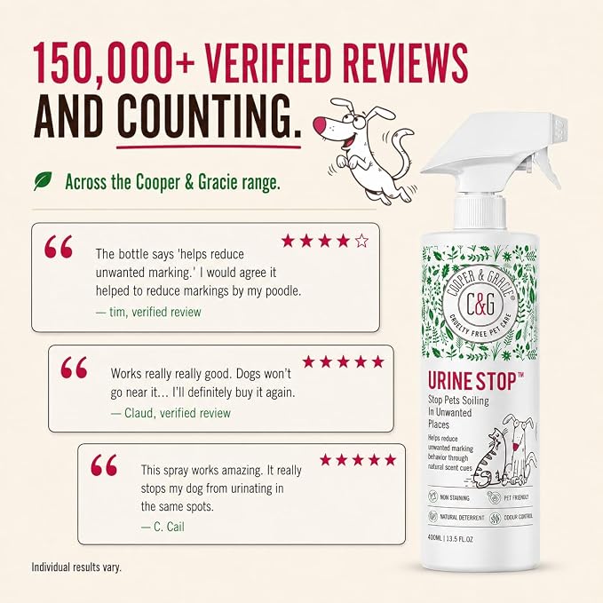 Cooper and Gracie Urine Stop Spray for Pets Odor Neutralizer Training Aid | Deters Repeat Marking, Neutralizes Odors, Supports Consistent Indoor Training, Plant-Based, Patented Mineral Complex, 400ml