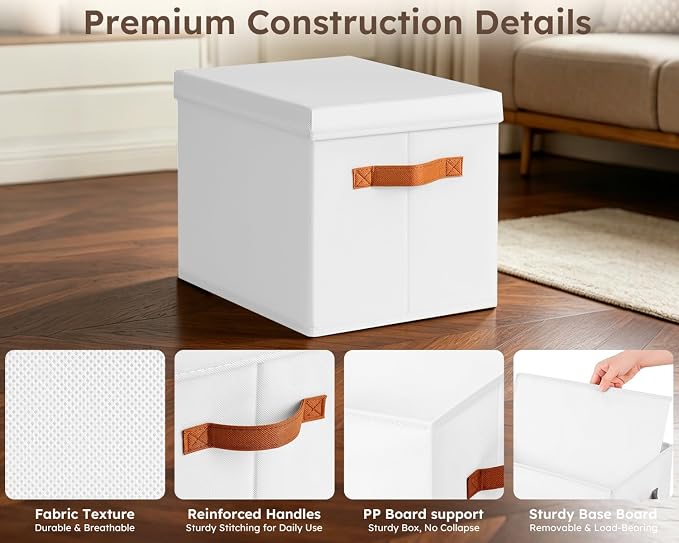 Storage Bins with Lids - Fabric Storage Baskets for Shelves, 6 Pack Foldable Decorative Boxes with Handles, Stackable Organizer Bins for Home, Nursery, Dorm, White