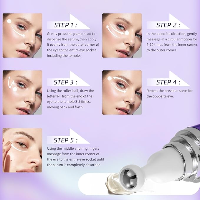 Eye Serum with 5% Mate Caffeine, Under Eye Cream for Puffy Bags Fine Lines Dark Circles Wrinkles, 360° Roller Massage Ball Eyes Treatment Serum Brightens Tired Eyes 5ml 0.5 fl. oz