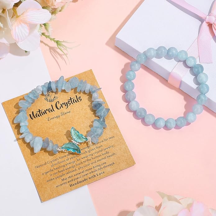 DUQGUHO 2Pcs Butterfly Bracelets for Women Healing Crystals Bracelets for Women Natural Gemstone Bead Bracelet Cute Butterfly Charm Bracelet Stretch 8mm Crystal Jewelry Gifts for Women