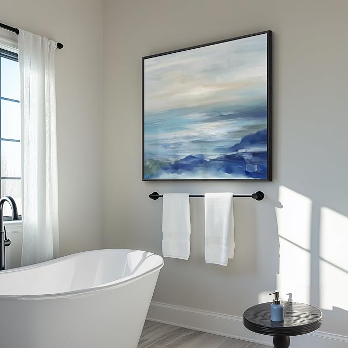 Framed Blue Abstract Wall Art for Living Room, Large Coastal Canvas Artwork for Walls Decor, Seascape Square Beach Ocean Minimalist Paintings Prints for Hallway Bedroom Office Wall Decor, 30x30 Inch