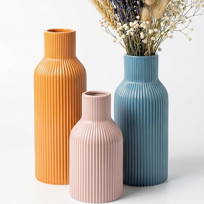 Colorful Ceramic Vases Set of 3, Smooth Round Vertical Ribbed,Minimalist for Pampas Dried & Fresh Flowers, Centerpiece for Living Room, Shelf, Entryway, Wedding(Pink, Blue, Orange)