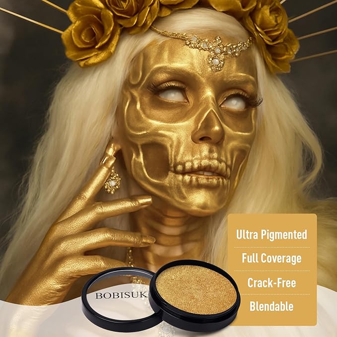 BOBISUKA Metallic Gold Face Body Paint, Water-Based Face Painting Kit & Body Paints, Facepaint for Adults Halloween Golden Masquerade Mask & Skull Special Effects Art Make-Up Costume Cosplay & Theater