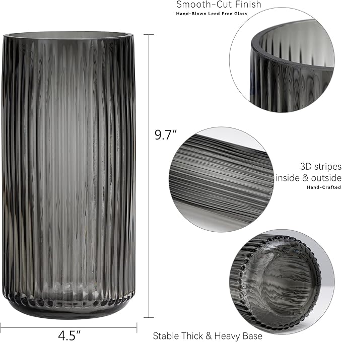 Flower Vase 10 inch Grey Thickened Hand Blow Glass Vase Round Vintage Striped Bottles for Bookshelf,Dinner Table,Indoor Office Desktop,Meeting Room,Bathroom,Countertop,Home