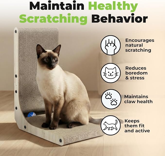 Best Pet Supplies Catify L-Shaped Cardboard Cat Scratcher - H: 26" | 16" x 11" x 26", Ball Toy Included, Durable Corrugated Cardboard, Space Saving Design, Furniture Protector, For Big Cats
