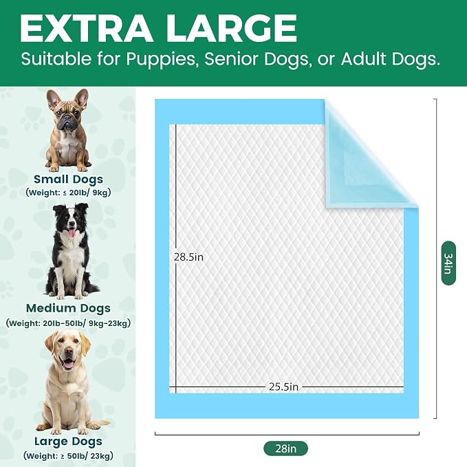 100 Count Dog Pee Pads Extra Large 28"x34", Super Absorbent X-Large 100 Pack Puppy Pads Leak-Proof & Quick-Dry Disposable XL Potty Pee Pads for Dogs, Puppies, Doggy