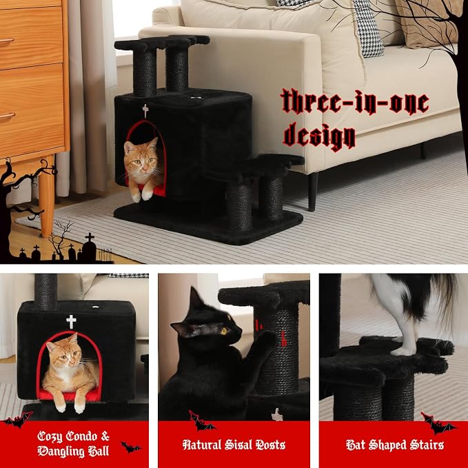 Gothic 3-in-1 Cat Stairs with Scratching Post & Condo, Pet Steps | Pet Steps for High Beds, Sofa, Couch, Tall Cat Tower, High-Strength Boards for Indoor Small Cats Kittens Dogs Climbing Play
