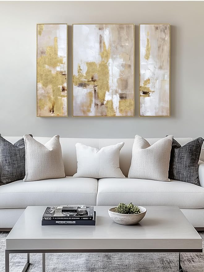 Zessonic Abstract Gold and Beige Textured Wall Art,12"x36"x2 and 24"x36"x1 | Gold and Beige Modern Textured Canvas Prints with Hand-Applied Brush Strokes, Large Wall Decor for Bedroom Office Dining Room