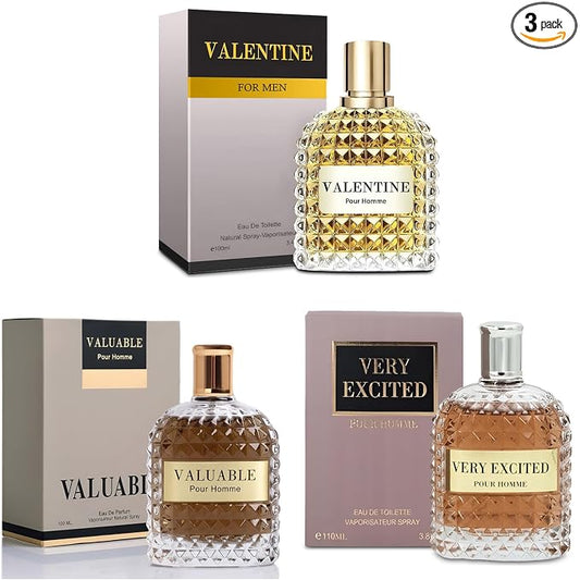 A CENTER 3Pack Men Colognes Combo Set Valent,Valuable,Very Excited 3.4 Fl Oz Each Eau De Parfume Spray with Woody Floral & Fruity Scent Perfume Gift Set Day to Night Use Fragrances
