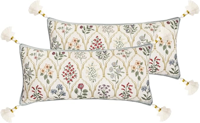 Designer Linen Throw Pillow Cover,Set of 2,28"x12"-Serenity B | French Elegant Rectangle Decor Pillow Cover,Concealed Zipper Design,Colorful Floral Pattern,Sofa,Bedroom,Living Room,Chair