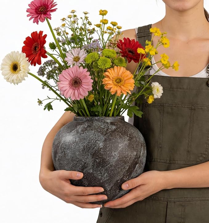 Rustic Ceramic Vintage Farmhouse Vase for Decor (Large Brush Black) | 8.8'' Distressed Stone Vase Home Decor, Decorative Terracotta Round Clay vase for Living Room, Table, Shelf, Kichen Décor