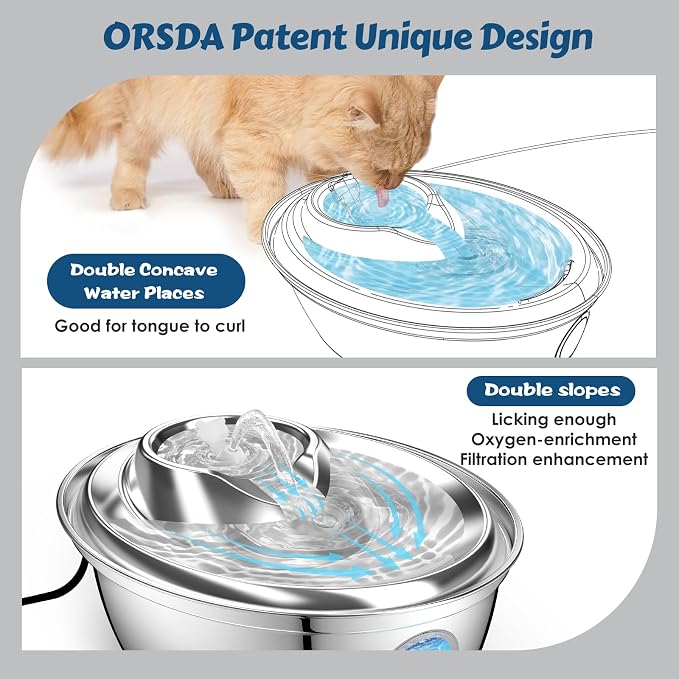 ORSDA Cat Water Fountain Stainless Steel, Cat Fountains for Drinking, 67oz/2L Automatic Pet Fountain Water Dispenser with Water Level Window for Cats and Small Dogs - 3 Filters +1 Pump Sponges