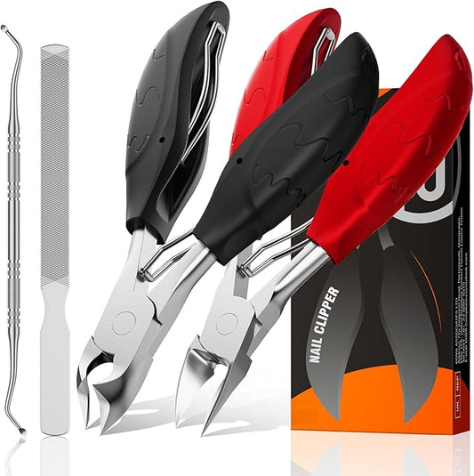 Toenail Clippers for Seniors Thick Toenails | 4-PCS Ergonomic Long Handle Non-Slip Soft grip Toe Nail Clippers Set for thick toenails | Premium Steel Heavy Duty Super Sharp Fingernail Clippers for Men