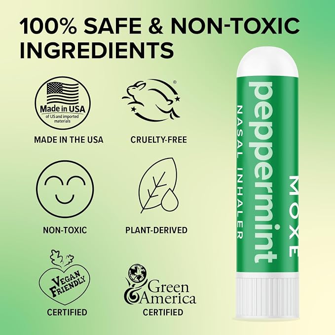 MOXE Peppermint Essential Oil Nasal Inhaler, Therapeutic No-Mess Aromatherapy, Cooling, Refreshing, Invigorating, Uplifts Mood and Positivity, Pure and Undiluted, Made in USA (3 Pack)
