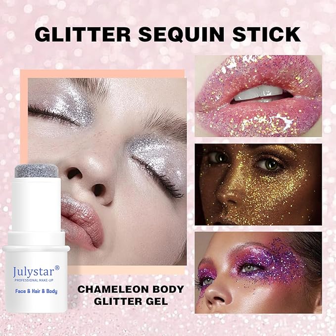 2 Colors Body Glitter Stick Chunky Glitter Gel for Face Body Hair Sparkling Holographic Mermaid Sequins Paint Multiuse Makeup Glitter Gel Gold and Silver（2PCS）