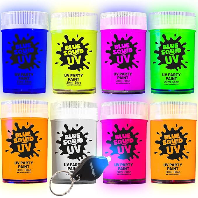 Blue Squid UV Body Paint - Glow in the Dark Body Paint, Neon Face Paint for Glow Party Accessories - Safe, Non-Toxic Black Light Glow Makeup for Adults & Kids, Multicolor 8 x Pots with Mini UV Light