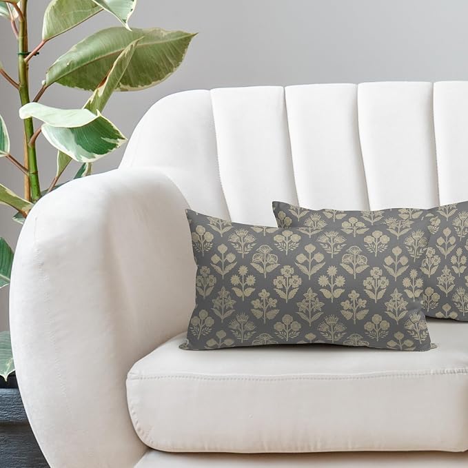 Grey Gray Pillow Covers 12x20 Inch Set of 2, Cream Floral Block Print Pattern Lumbar Decorative Throw Pillowcases Outdoor Farmhouse Rectangle Cushion Covers Spring Summer Sofa Couch Bed Decor