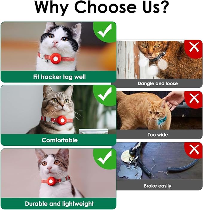 GPS Tracker for Cats, Cat Tracker, Compatible with Apple Find My App (Only iOS), No Monthly Fee, Waterproof, Breakaway Collar Included (White Tracker, Red Cat Collar)