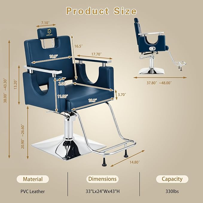 Heavy Duty Barber Chair, 360° Swivel Reclining Salon Chair for Hair Stylist, Height Adjustable Hydraulic Hairdressing Chair with Footrest for Barber Shop, Beauty Salon, Hairdressers