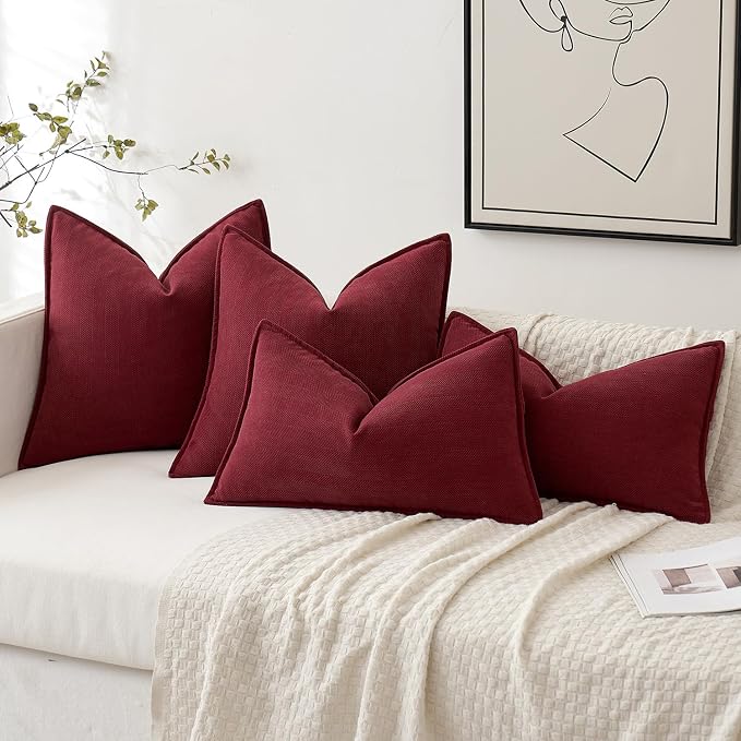 MIULEE Pack of 2 Burgundy Decorative Chenille Pillow Covers 20x20 Inch | Soft Couch Throw Pillows,Farmhouse Cushion Covers with Elegant Design for Sofa,Bedroom,Living Room,Spring Home Decor
