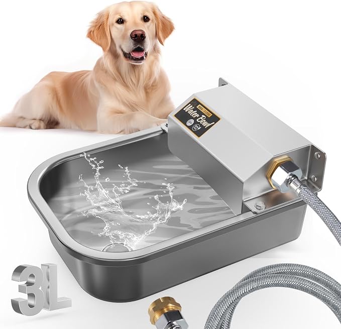 Automatic Water Dispenser for Dogs, 3L Stainless Steel Dog Water Bowl Dispenser, Automatic Water Feeder for Chicken & Livestock, Outdoor Auto-Fill Water Bowl Fit 3/4'' GHT Faucet, Easy Clean