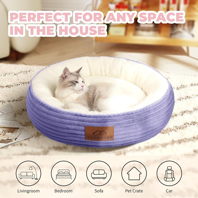 Zerbuger 20in Violet Round Dog Bed Sofa for Dogs Cats, Machine Washable | for Small/Medium/Large Dogs Cats, Foam Pet Couch with Removable Mat Non-Slip Bottom, Pet Cuddler for Indoor/Outdoor/Car/Cage