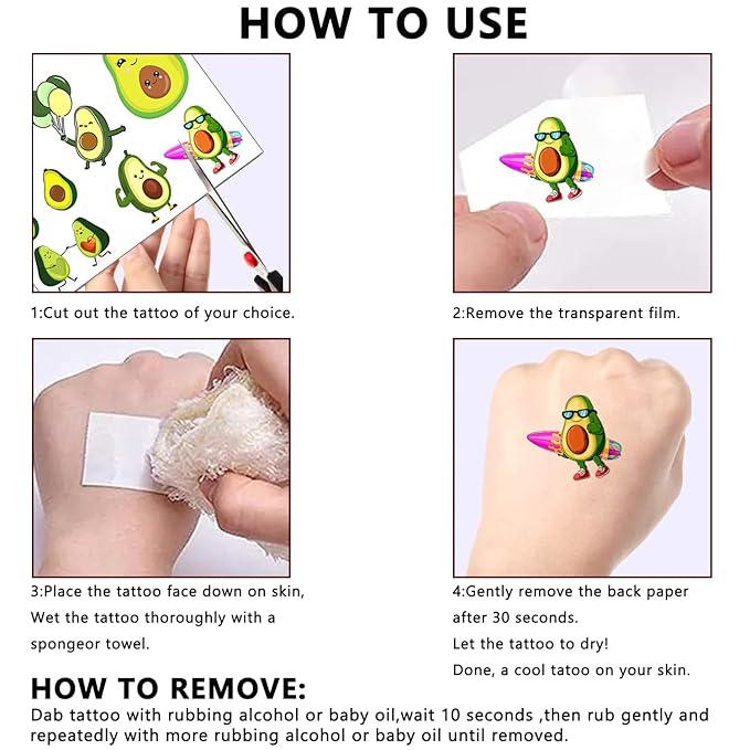 12 Sheets Avocado Temporary Tattoos for Kids, Avocado Birthday Party Supplies Decorations Cute Fruit Face Fake Tattoos Party Favors for Boys Girls Children Goodie Bag Fillers Party Gifts Games Reward