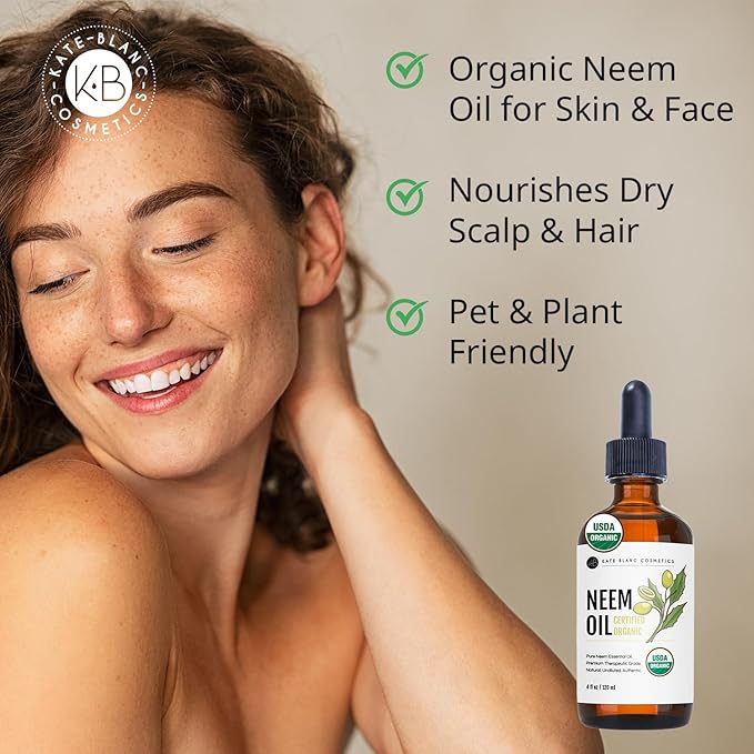 Kate Blanc Cosmetics Neem Oil for Skin, Hair & Face. Safe for Dog, Plants, Scalp (4oz, Organic, Cold Pressed, Concentrate)