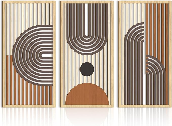 IARTTOP Mid Century Modern Decor 16x32 Inch Large Boho Wood Wall Art Abstract Wooden Wall Decor Minimalist Bohemian Orange Artwork for Living Room Bedroom Office Set of 3