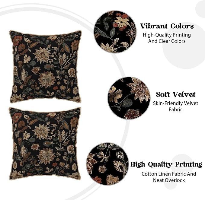 KSLIDS Vintage Floral Brown Black Soft Velvet Throw Pillow Covers Set of 2 Retro Boho Flower Leaves Decorative Pillow Covers 20x20 Inch Bohemian Pillow Case for Sofa Couch Farmhouse Home Decor