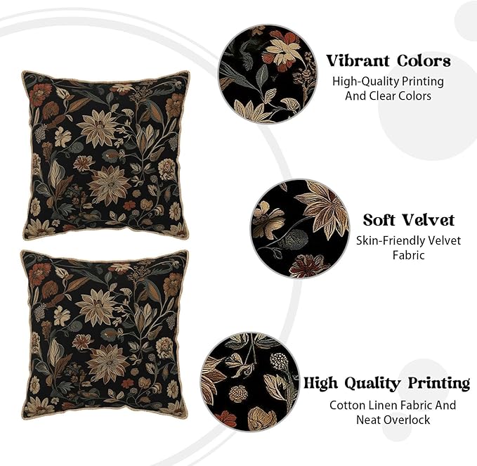 KSLIDS Vintage Floral Brown Black Soft Velvet Throw Pillow Covers Set of 2 Retro Boho Flower Leaves Decorative Pillow Covers 16x16 Inch Bohemian Pillow Case for Sofa Couch Farmhouse Home Decor