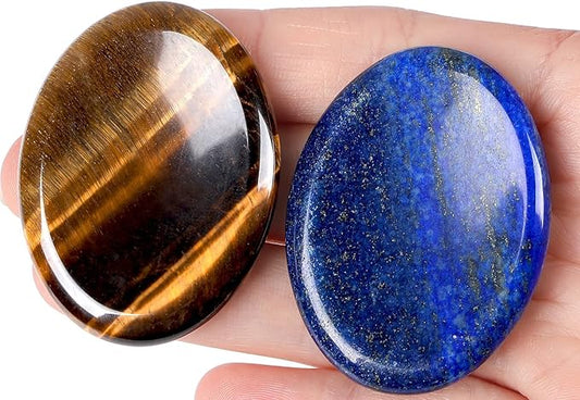 QINJIEJIE 2PCS Worry Stones for Anxiety Tiger's Eye Lapis Lazuli Crystals Hand Carved Thumb Stones Pocket Meditation Oval Shaped Crystal Natural Reiki Relax Palm Stone Gift for Men