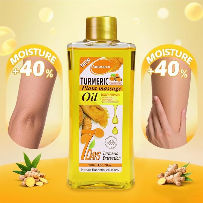 200ml Turmeric Body Oil for Massage & Daily Hydration, Deep Moisturizing with Vitamin E, Collagen, Turmeric Oil for Face and Skin, Self-Massage & At-Home Skin Routine (6.7 fl oz)