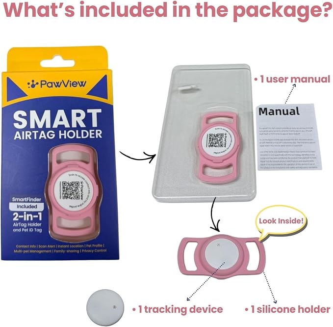Smart Pet Tracker for Collar - Dog Trackers Location for Pet with Holder, No Monthly Fee, Real-Time Tracking, iOS Only, IPX6 Waterproof, Long-Lasting, Anti-Lost Tracker for Cats, Bag Straps,Pink