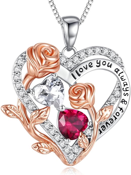 I Love You Birthstone Necklace, 925 Sterling Silver Heart Pendant with CZ Diamond Stones, Birthday Gifts for Women, Romantic Gift for Wife, Girlfriend, Her, Anniversary, Valentine's Day, Christmas
