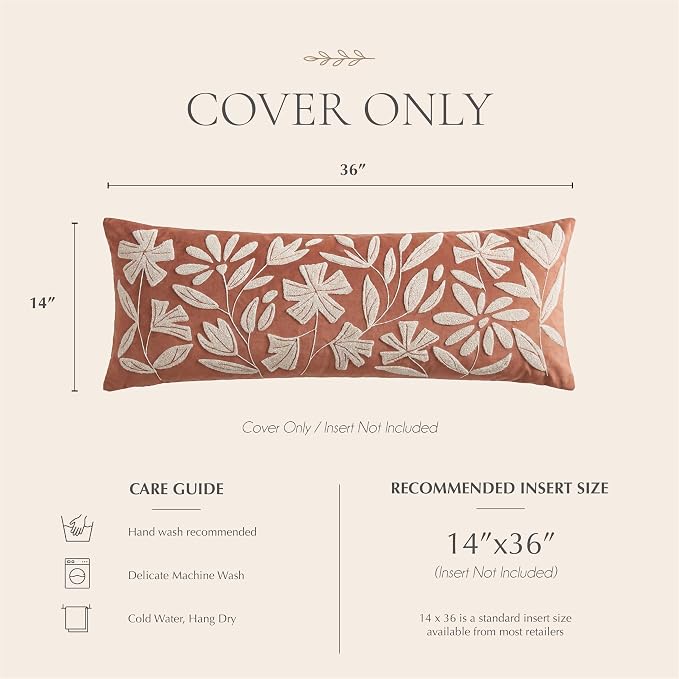 Long Lumbar Pillow Cover 14x36 for Bed, Rust Terracotta Floral Tufted Velvet Accent Oversize Throw Pillowcase for Bedroom, Cover Only