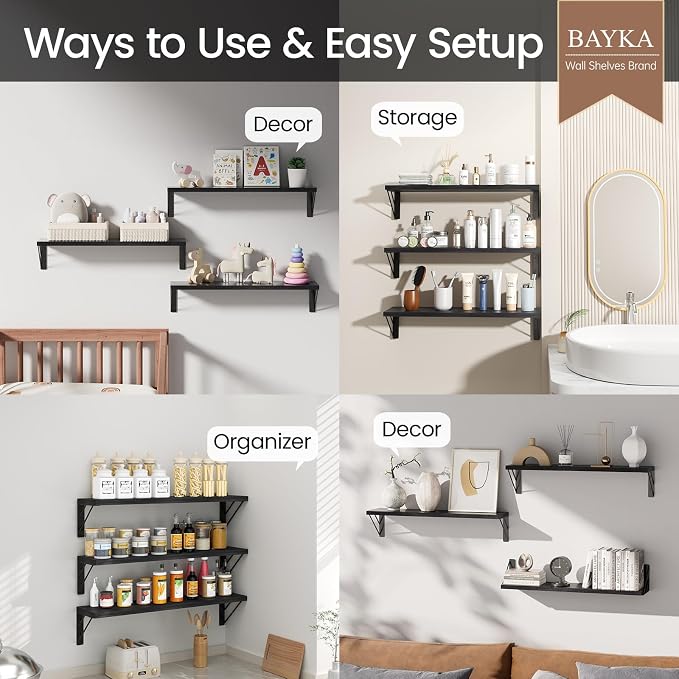 BAYKA Wall Mounted Floating Shelves, Wood Floating Wall Shelf for Books & Decor, Small Space-Saving Display & Organizer（Black，23in，Set of 3）