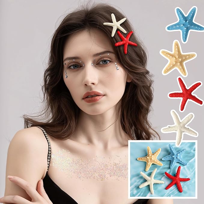 YGDZ Mermaid Hair Accessories, Starfish Hair Clips, Seashell Hair Clip, Face Body Glitter, Face Gems, for Mermaid Costume Women, Halloween Mermaid Outfit