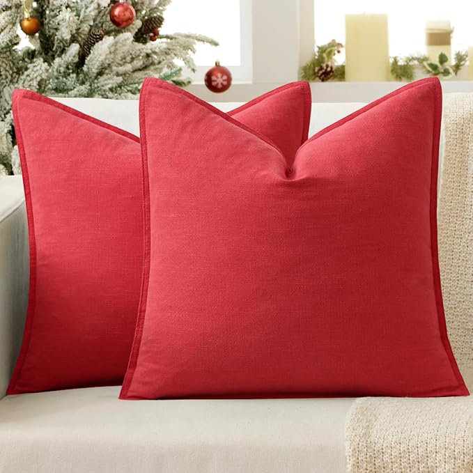 EMEMA Euro Sham Decorative Linen Throw Pillow Covers 24x24 Inch Red | Boho Farmhouse Neutral Couch Throw Pillows for Bed Pack of 2 Accent Pillowcase Modern Sofa Cushion Livingroom Home Decor