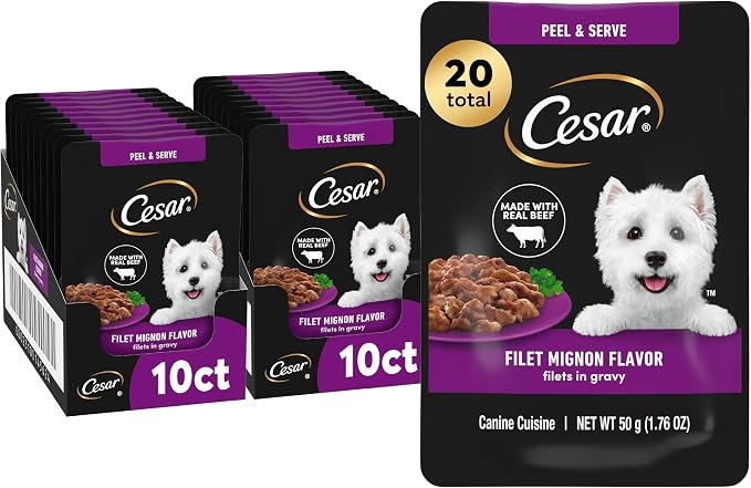 Cesar Mini-Pouch Wet Dog Food, Filet Mignon Flavor, 1.76 oz, 20 Count | Real beef, protein-packed, no fillers or artificial flavors, easy peel-and-serve, slow-cooked tender texture