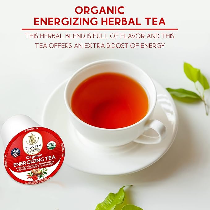 Organic Ashwagandha TeaPods for Keurig with Ginger, Licorice, Hibiscus, Rosehip, & Lime - Decaf HerbalTea - Energizing Tea by Teavity (24 Tea Pods)