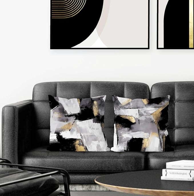 Black and White Pillow Covers, Abstract White Black and Gold Pillow Covers 16x16 Set of 2, Modern Black and White Pillow Covers for Couch Bed Living Room